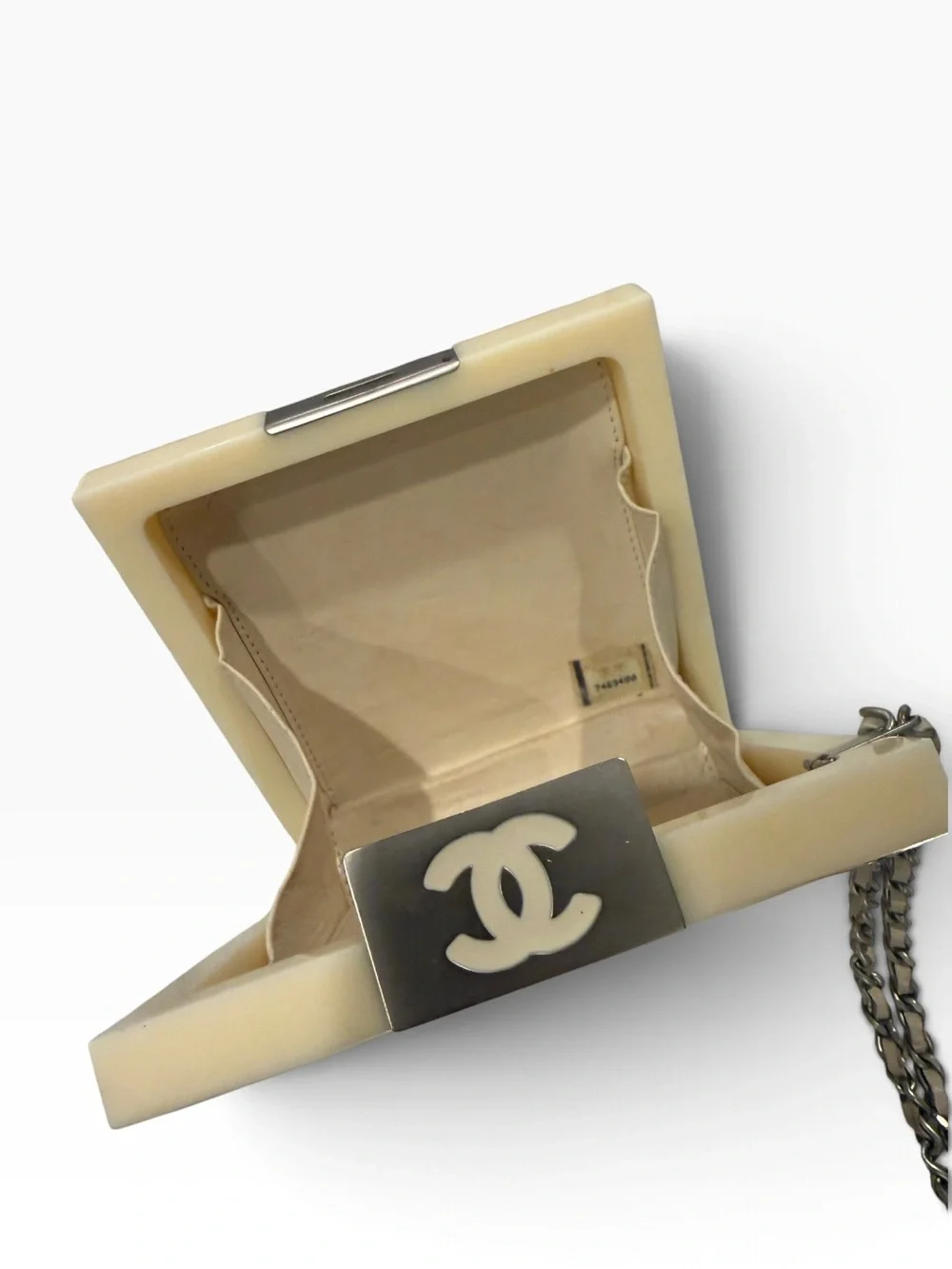 Vintage Chanel Chocolate Bar Minaudiere Acrylic Chain Strap Clutch Bag Cream